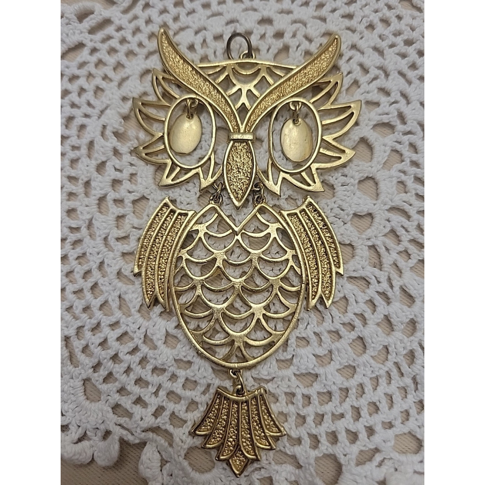 Vintage 1970s Gold Owl Pendant Geometric Design with Dangle Eyes